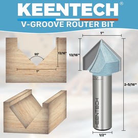 KEENTECH V Groove Router Bit 1/2" Shank, 90-Degree Carbide Tipped Router Bit for Woodworking, Industrial Grade V Bit, 1" Diameter x 13/16" Cutting Depth