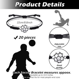 Jadive 20 Pieces Soccer Charm Bracelets Bulk Soccer Team Gifts Sport Coach Gifts Adjustable Braided Rope Pendant for Women Men Coach Players Souvenir(Black)
