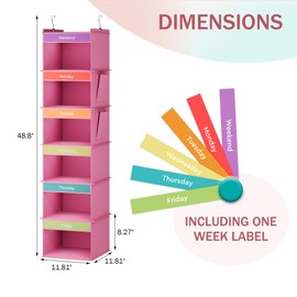 YOUDENOVA 6-Shelf Weekly Hanging Closet Organizer, Weekly Clothes Organizers for Kids with 2 Side Pockets, Pink