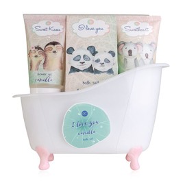 accentra I LOVE YOU Bath & Shower Set with Vanilla Scent - Gift Set for Relaxation for Women for Birthday or Christmas - 5-Piece Wellness Gift & Care Set with Mini Decorative Bathtub
