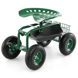 S AFSTAR Rolling Garden Cart, Wagon Scooter with 360° Swivel Seat, Storage Tray, Basket & Rubber Wheels, Heavy-Duty Gardening Tool Cart for Weeding, Patio & Yard (Green)