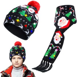 2 Pieces LED Light up Christmas Hat Lights Scarf Set Xmas Flashing Beanie Cap Knitted Scarf for Christmas Holiday Party (Santa Claus)