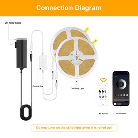 Pandery COB LED Strip Lights Warm White,24V Dimmable led Light Strip KIT with Remote and app Control,2700K 65FT/20m 8mm Wide Ra>90 Cuttable Flexible Strip Lights for Bedroom,Shelf,Cabinet