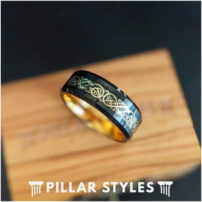 14K Gold Celtic Rings for Men Wedding Bands Black Viking