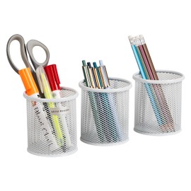 Mind Reader Pen and Accessories Holder, Desktop Organizer, Office, Metal Mesh, 3.5" L x 3.5" W x 3.75" H, Set of 3, White