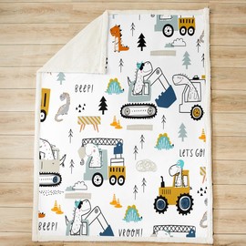 Construction Sherpa Blanket 40"x50" Equipment Trucks Fleece Throw Blanket for Kids Boys Girls Decor Dinosaur Plush Blanket 3D Digital Print Blue and Yellow Fuzzy Blanket Bedroom