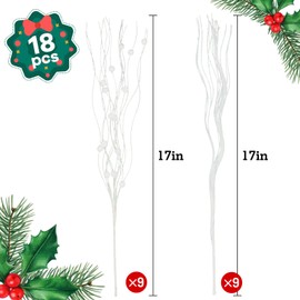 Pseutio 18 Pack Artificial Glitter Berry Stem Ornaments, Christmas Decorative Glitter Twigs, Picks, Branches for Christmas Tree, Small Vase, Holiday, Wedding, Party (17 Inches, White)