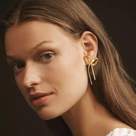 8YEARS Gold Bow Earrings for Women Dainty Ribbon Bow Stud Earrings Gold Dangle Drop Tassel Earrings Long Chain Earrings With 925 Sterling Silver Post Trendy Jewelry Gift (Small Gold Chain Bow)