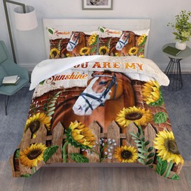 AILONEN Brown Horse Bedding Set Queen Size, Sunflowers Retro Brick Wall Wooden Fence Comforter Set Farm Gardening Style Soft Breathable Duvet Set for Teens Boys Adults 3Pcs, 1 Quilt and 2 Pillowcases