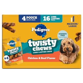 Pedigree Twisty Chews Medium/Large Long-Lasting Dog Treats Chicken & Beef Flavor, 9.17 oz. Pouch, Pack of 4 (16 Count)