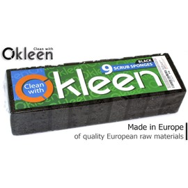 Okleen Black Multi Use Scrub Sponges. Made in Europe. 18 Pack, 4.3x2.8x1.4 inches. Heavy Duty Fiber. Odorless Durable Scrubber for Kitchen and Household Cleaning