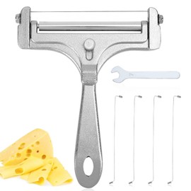 6pcs Cheese Slicer Kit, Stainless Steel Wire Cheese Cutter with 4 Extra Wires & Wrench Cheese Slicer Handheld Adjustable Thickness Butter Cutter Food Slicer for Block Cheese Butter(Frosted Silver)