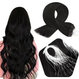 Full Shine Micro Beads Hair Extensions Black Hair Extensions 1g/s 50 Grams Micro Ring with Transparent Wire Hair Extensions Human Hair 14 Inch Real Hair Extensions