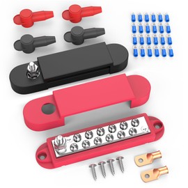 EOBJATU Bus Bar 1 x 1/4" Power Distribution Block 48V 150A with Copper Lug, 12 x #8 Screws Battery Busbar for Automotive RV, Solar Wiring and Boat(Black+Red)