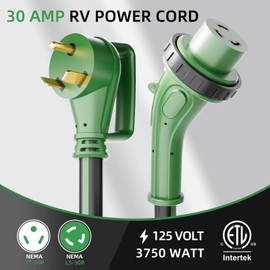 ISLEWIRE 30 Amp 50 Feet RV Power Cord, Heavy Duty 10 Gauge STW Cord with LED Power Indicator Twist Connector, NEMA TT-30P to L5-30R with Cord Organizer for RV Trailer Campers, Black&Green, ETL Listed