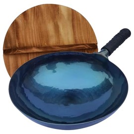 cast iron wok with lid,14 inch woks & stir-fry pans nonstick,chinese traditional pans for open fire,large cookwares,cooking,bbq,grill, camping,blue carbon steel pre-seasoned wok (36cm)