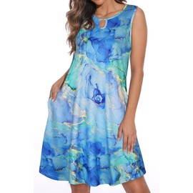 Summer Dresses for Women Casual Sleeveless Sundress Floral Loose Fit Beach Cover Up with Pocket（Blue Lake, L