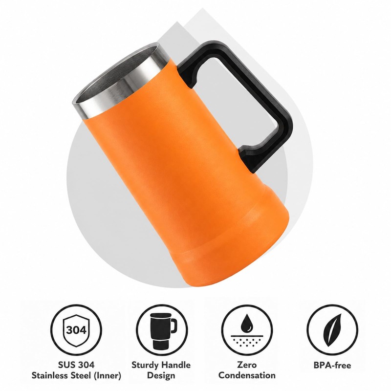 Insulated Beer Stein Tumblers, Orange, 24 ounces(No Straw, No Lid)