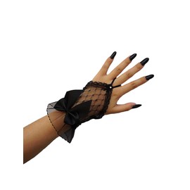 OYOANGLE Women's Floral Lace Bow Front Short Wrist Cuff Wedding Wrist Length Bridal Prom Gloves Black Mesh One Size
