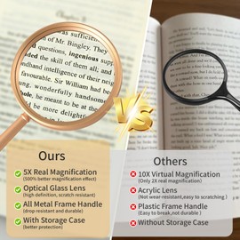 5X Magnifying Glass with Storage Case Gold Handheld Magnifier with Optical GlassLens Classic Brass Metal Magnifying Glass for Kids and Seniors Low Vision Reading Prints Coins (90mm)
