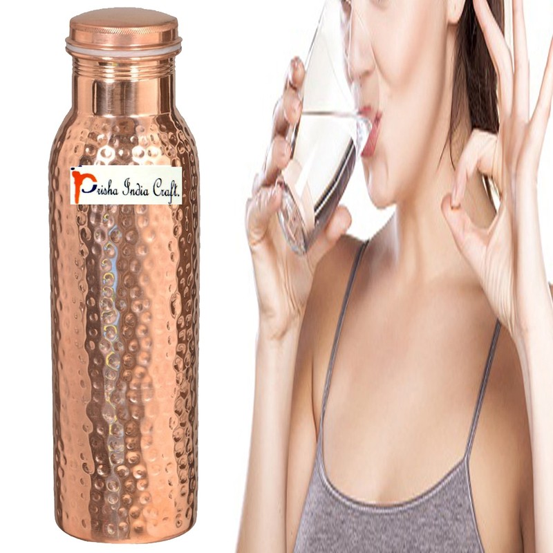 Prisha India Craft Pure Copper Water Bottle, Hammered Design, Capacity