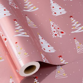 Burymento Christmas Wrapping Paper Roll, Pink Gift Wrap Paper with Grid Lines for Christmas，Metallic Foil Shiny Wrapping Paper - 17 Inches x 32.8 Feet 1 Roll Christmas Trees