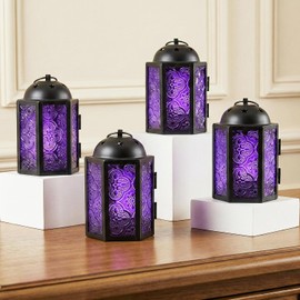 Vela Lanterns Mini candelabro de Metal marroquí pequeño de 4,5 Pulgadas, candelabro Decorativo para centros de Mesa, decoración del hogar Interior, Patio Exterior, Bodas, Morado, Juego de 4