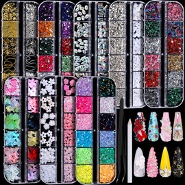 FANDAMEI Nail Charms, Nail Rhinestones Kit with 8 Boxes of Nail Gems, 3D Charms for Nails, Colorful Clear Flatback Rhinestones, Multi Shape Nail Crystals for Craft, Nail Pearls Nail Jewels
