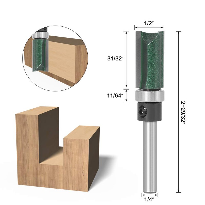 Wolfride 4PCS Straight Router Bit with Bearing, 1/4-Inch Shank Top
