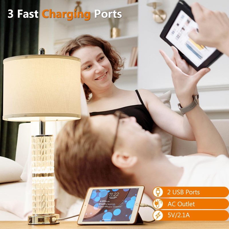 SAIWEYA Crystal Table Lamps Modern 3-Way Dimmable Bedside Lamp with