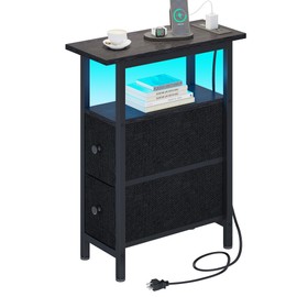 TRIFEBLE TRIFEBLE End Table with Charging Station, Narrow Side Table with 2 Fabric Drawers, Skinny Nightstand with LED Light, Slim Bedside Table for Bedroom, Living Room, Small Spaces, Black