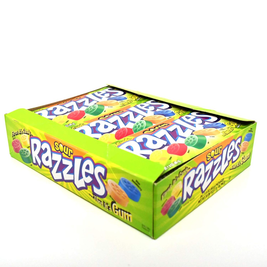 Sour Razzles Candy/Gum, Box of 24 1.4-Ounce Bags