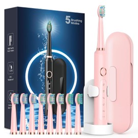 Rtauys Sonic - Cepillos de dientes eléctricos recargables para adultos con 8 cabezales de cepillo para polvo y estuche de viaje, blanqueamiento de dientes, cepillo para polvo de dientes eléctrico con