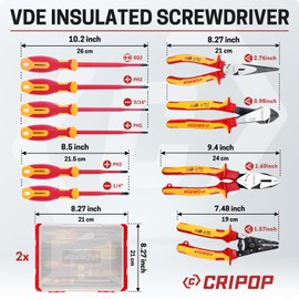 CRIPOP 10 PCS Insulated Screwdriver and Pliers Set, 1000V Insulated Electrician Tool Set with 6 Phillips & Slotted Screwdrivers, 4 Insulated Pliers and 2 Stackable Tool Box