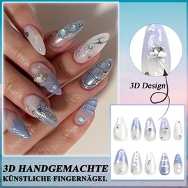 Virellay 3D Handmade Press-On Nails with Charms, Almond False Nails, Full Cover Artificial Fingernails (JP3123 Dark Blue, Pack of 24)