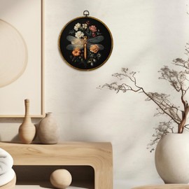 CUANFDDSF Vintage Floral Dragonfly Round Wall Art, Moody Cottagecore Framed Hanging Wall Decor, Retro Floral Dragonfly Canvas Prints Decorations for Bedroom Living Room Farmhouse, 10x10 Inch