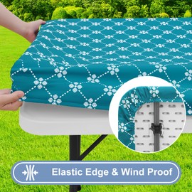 misaya Square Vinyl Table Cloth, Elastic Fitted Tablecloth with Flannel Backing, Waterproof Plastic Table Cover Fits Folding Tables for Picnic, Camping, Indoor and Outdoor (Teal, 34" x 34")