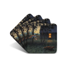 Owl & Fox' by Julian Friers Drinks Coasters by Wildlife Artist Julian Friers - Set of 4 Owl and Fox Coasters - Non-Slip, Cork Table Coasters