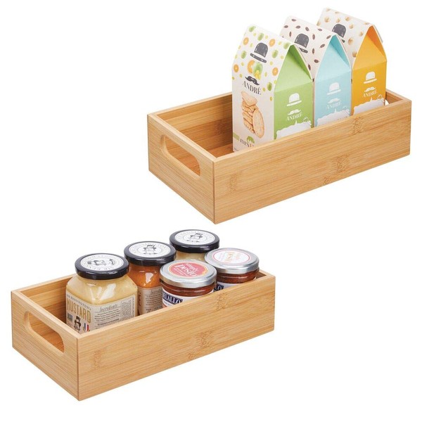 mDesign Bamboo Wood Compact Food Storage Bin with Handle for Kitchen Cabinet, Pantry, Shelf to Organize Seasoning Packets, Powder Mixes, Spices, Packaged Snacks - 2 Pack - Natural
