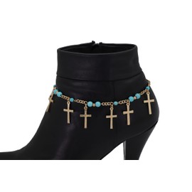 TrendyFashionJewelry Women Western Boot Chain Metal Bling Bracelet Gold Cross Anklet Heel Charm Turquoise Blue Beads