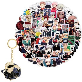 100 pcs Anime Stickers with Jujutsu Kaisen Keychain, Anime Gifts Merch Party Supplies Stickers for Water Bottles Laptop Skateboard Notebook