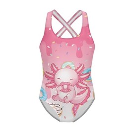 Dremagia Axolotl Swimsuit Girls 5-6 Ice Cream Donuts Sprinkles Swimsuits Full Coverage One Piece Bathing Suit Sleeveless Tummy Control Gymnastics Leotard with Criss Cross Straps Summer Swiwmear
