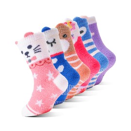 EBMORE Stopper Socks Children's Cuddly Socks Girls Thick Socks Warm Non-Slip Winter Socks Fluffy Bed Socks House Socks 6 Pairs, Animal