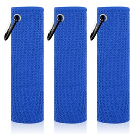 PEASUG 3 Pack Golf Towels (16" x 16"), Absorbent Waffle Pattern Golf Towel for Golf Bag, Tri-Fold Portable Microfiber Golf Towels for Men & Women with Carabiner Clip, Blue