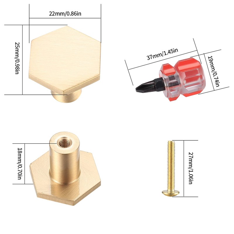 6 Pcs Brass Cabinet Door Knob, Hexagonal Gold Kitchen Door