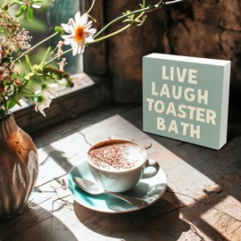 Kneaotoaji Live Laugh Toaster Bath Wooden Sign - Funny Bathroom Decor, Funny Toaster Decor for Bathroom, Rustic Farmhouse Bathroom Sign for Home Shelf Desk Table 5x5