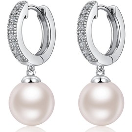 Pearl Earrings Silver Pearl Dangle Earrings Pearl Drop Earrings Sterling Silver Pearl Hoop Earrings for Women Pearl Dangling Earrings Pearl Diamond Earrings Women Pearl Earrings 10MM Han han