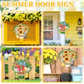 Summer Decoration Wood Sunflower Front Door Sign Double-sided Printing, Wooden Wreaths Welcome Door Wall Signs Beach Flower Ornaments Hanging Crafts for Home Farmhouse Party Porch Wall Decor