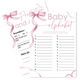 WPBRU Minimalism Pink Baby Shower Game Cards-Baby Alphabet! & Predictions & Advice Theme Games Activity for Boys & Girls-30 Ribbon Bow Game Cards(5”x7”)-Baby Shower Party Decorations & Supplies-D03