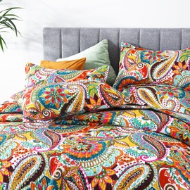 Qucover California King Quilt, Boho Paisley Pattern Colorful Cotton Quilt, 3 Piece Lightweight Oversized King Quilt, with Pillow Shams, Multicolor Red, Pink, Orange and Blue Cal King Quilt, 118x106